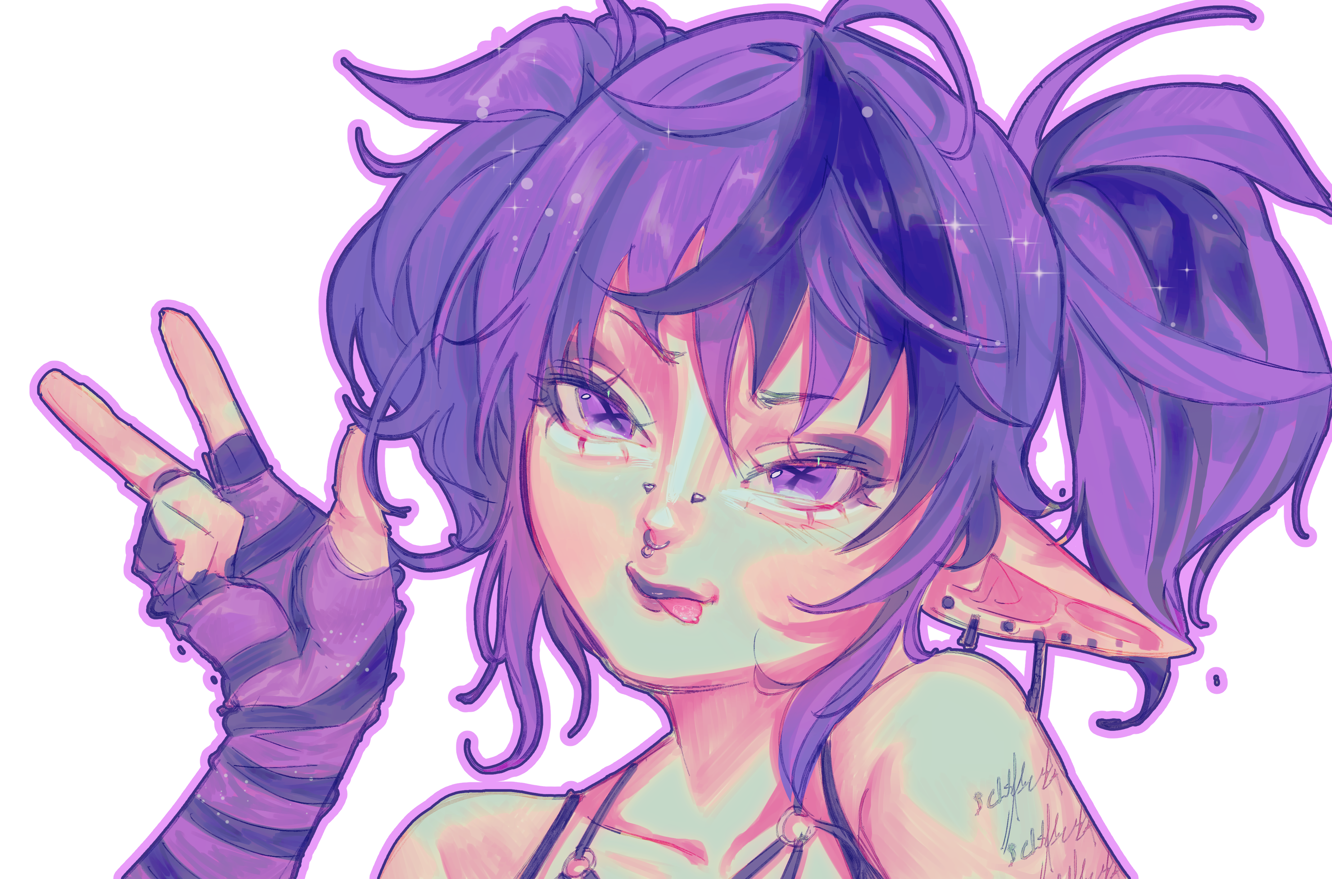 artwork of spoonie, who has purple hair and elf ears